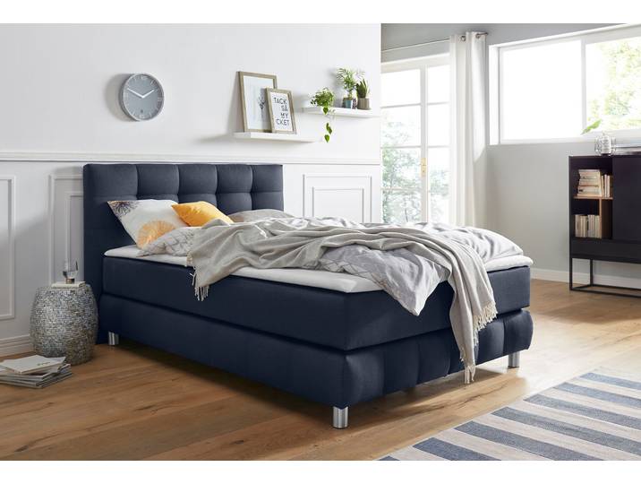 Boxspringbett, Strukturstoff, Blau, 154×211 cm, Mit Topper, Modern, Andas