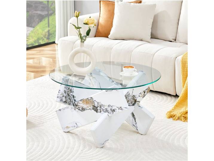 Table basse ronde SENVIRO en verre et MDF esprit marbre blanc croix 79x45cm transparent blanc