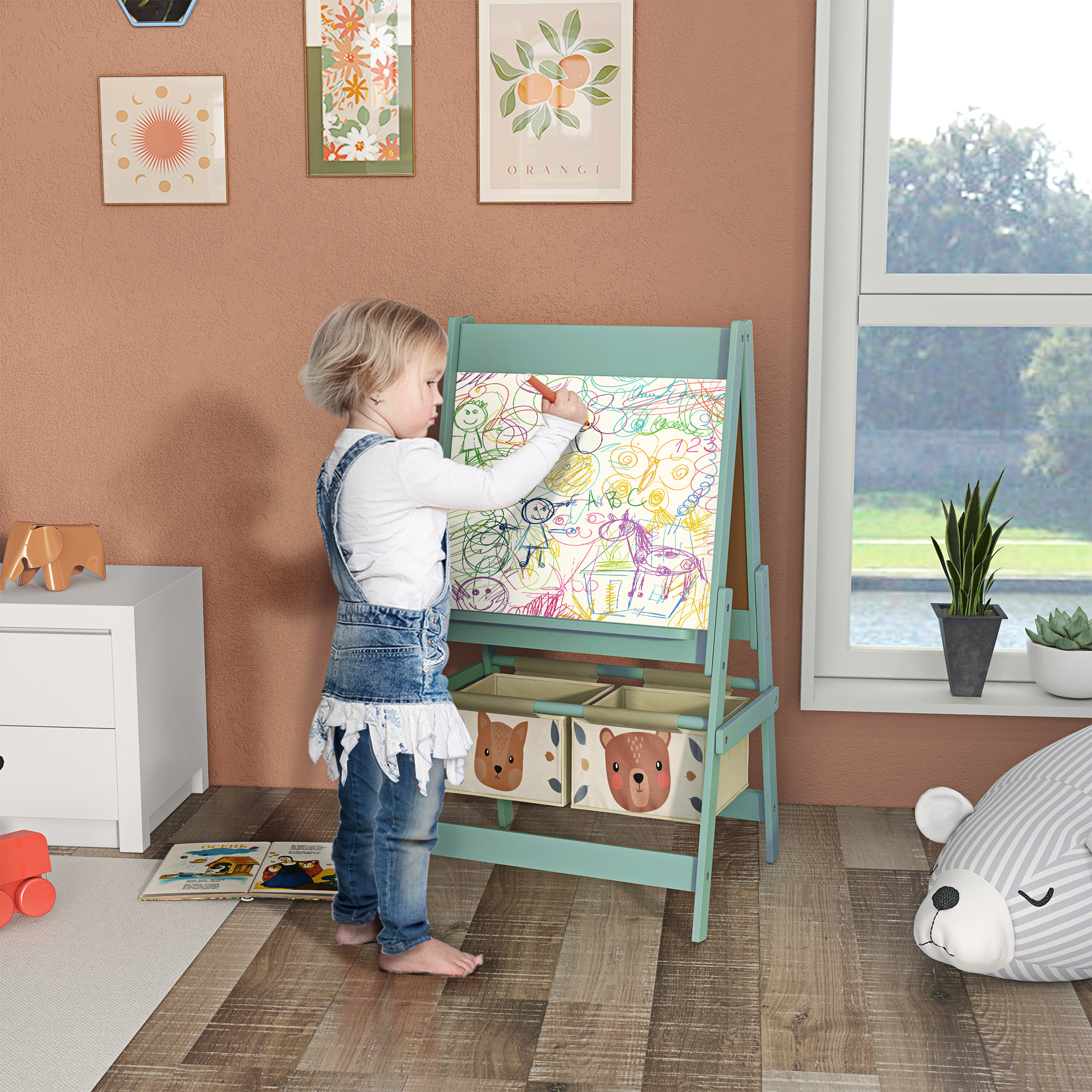 Aiyaplay Lavagna per Bambini con Cavalletto 3 in 1 e 2 Contenitori, Età 3-8 anni, 54x46.5x93cm, Verde Aosom