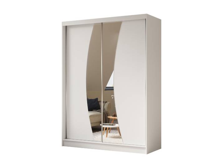 KLEIDERSCHRANK mit Spiegel-Schiebetüren und Aluminium-Leisten, LED-Beleuchtung - VOXI - 160 cm Weiß