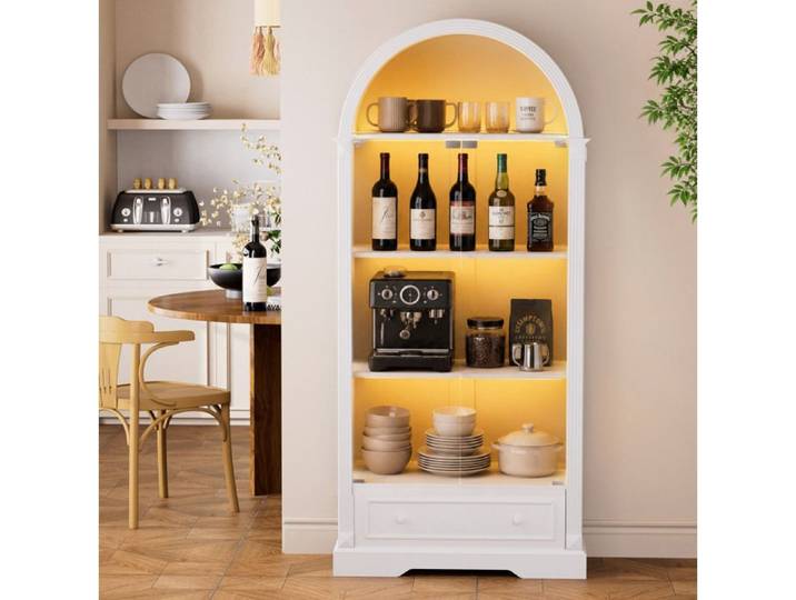 Vitrine Haute En MDF Blanc Et Verre Buffet Vitrine Arche FloraGrace Pour Salon Ou Cuisine Avec LED Et Tiroir 80x35x180cm
