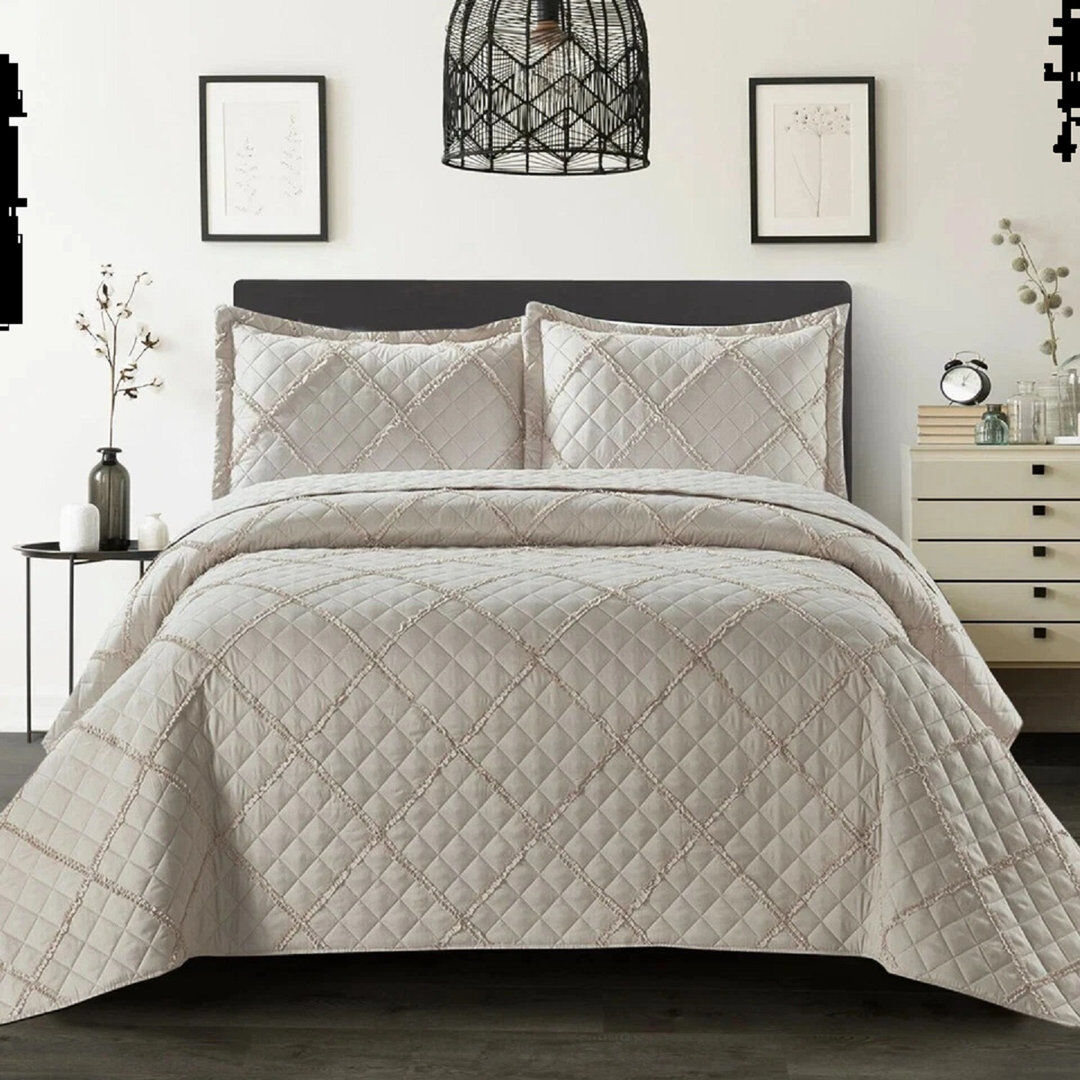 ZASH LONDON Luxury Quilted Modern Ruffle Bedspread Box Pattern Soft Comforter Bedding Set With Pillow Shams Mink Double