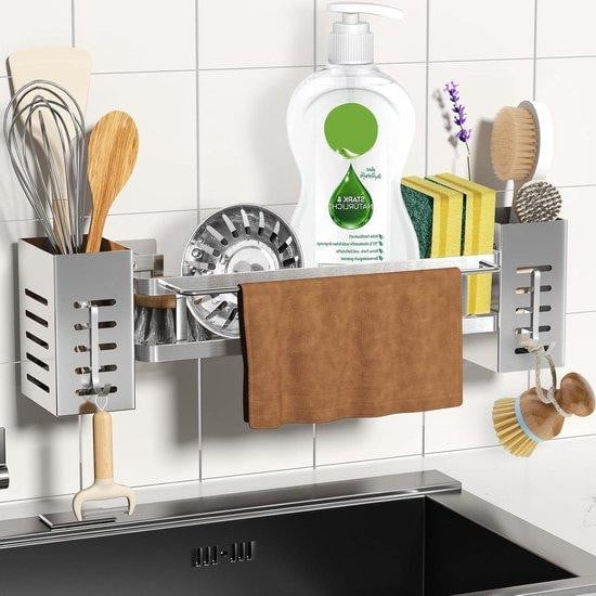 Magnetische RVS spoelbakorganizer met opbergdoos en haken, zilver, geschikt voor keuken en badkamer