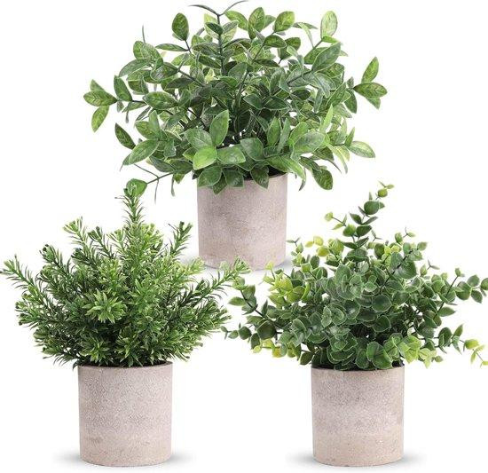 Unyqoos 3-delige set kunstplanten eucalyptus-look, grijsgroen