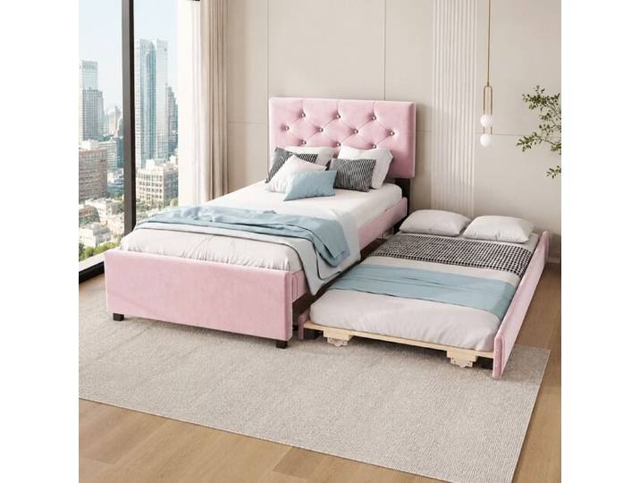 Lit gigogne 90x200 cm en velours rose tête à boutons ronds sommier à lattes inclus et tiroir roulant