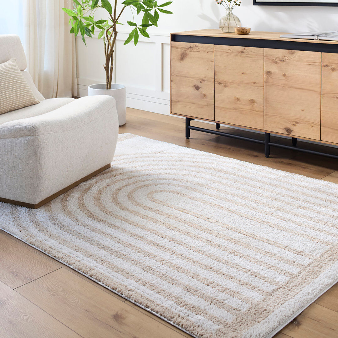Metro Machine Washable Shaggy Boho Beige Area Rug Beige Rectangle 140 x 200cm