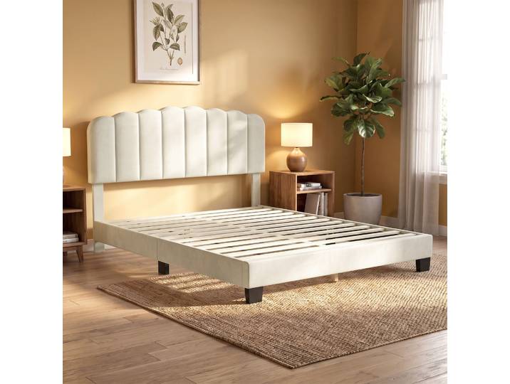 HOMCOM Lit Double 140x190cm Velours Crème Sommier Bois