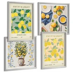 BILDER SET 4er Set - 50x50 cm & 40x60 cm Silberner Rahmen - Zitrusfrüchte aus Italien