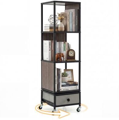 Costway 4-Tier Rotating Bookshelf on Wheels with Removable Drawer-Gray