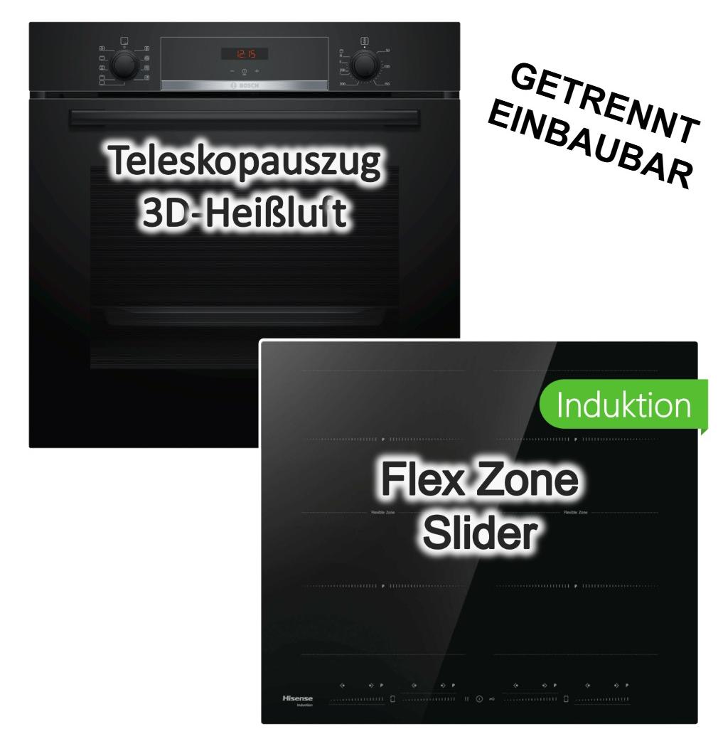 Herdset BOSCH Backofen Hydrolyse 3D Heißluft Pizzafunktion Teleskopauszug + Hisense Induktionskochfeld FlexZone Booster