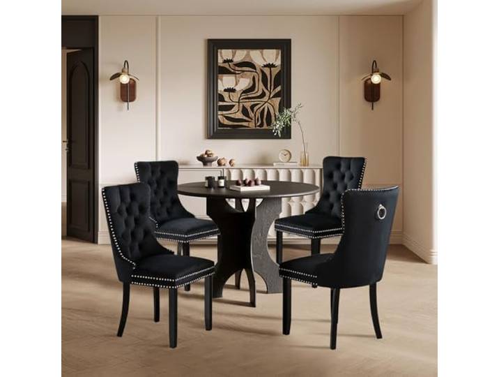 SoarTalent 4er Set Esszimmerstühle Samt gepolstert Nagelkopf, Schwarz Samt gepolstert, Nagelkopfbesatz, Massivholzbeinen, Metall-Ziehring, für Esszimmer & Wohnzimmer