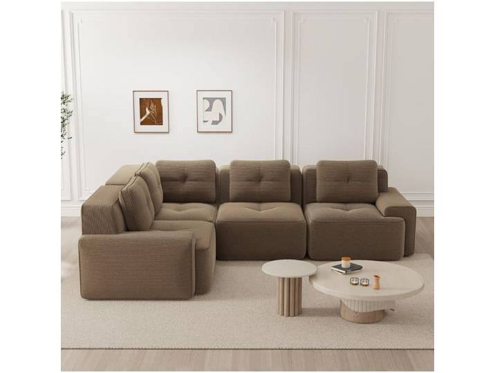 WUVRIE Canapé d'angle modulable compressé en corduroy marron sans montage assise basse