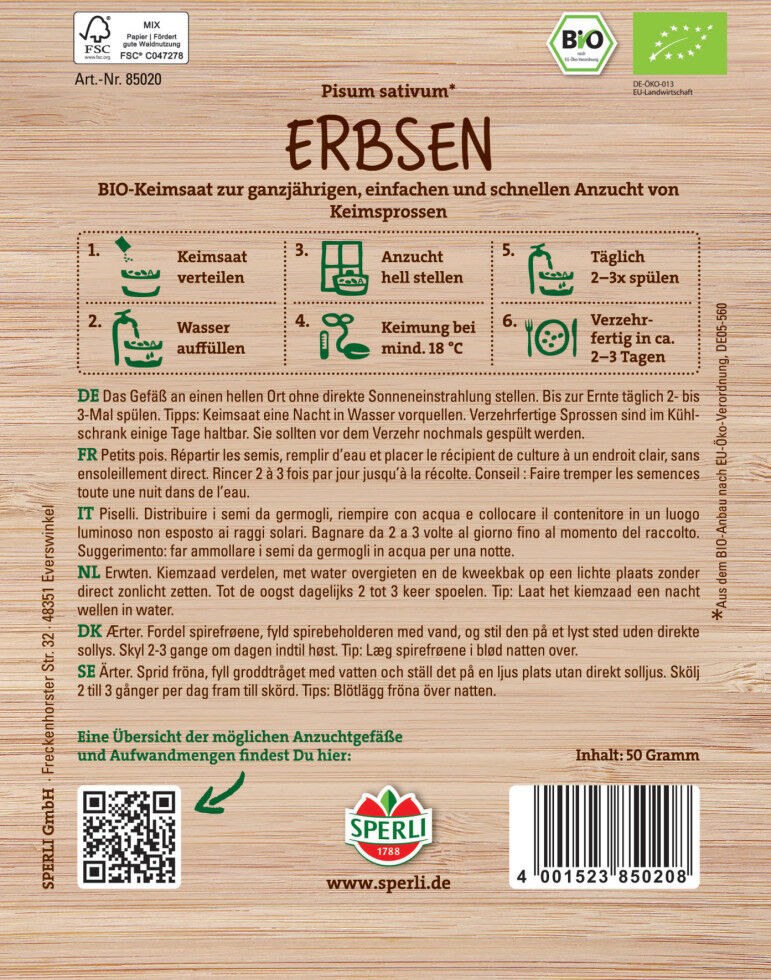 Sperli BIO Keimsprossen-Saat Erbsen