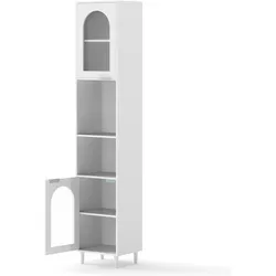 COSTWAY Schmaler hoher Badezimmerschrank, Badezimmerschrank mit 2 Glastüren und 2 verstellbaren Einlegeböden, 35 x 30 x 180 cm, weiß