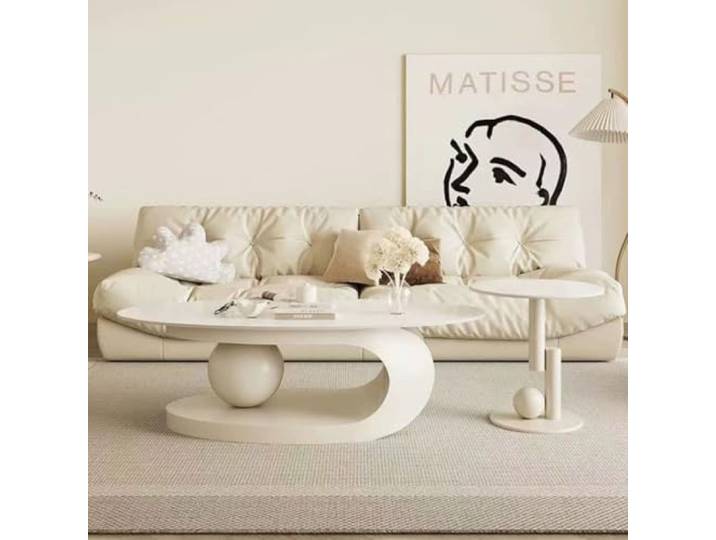 Ovale Couchtische aus Stein für das Wohnzimmer, moderner ovaler Couchtisch aus zeitgenössischem Stein, Mitteltisch mit Beistelltischen, 2er-Set, abstrakte Tische für das Wohnzimmer, Büro, Weiß, 100 x