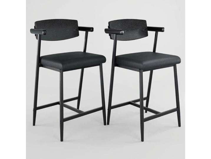 Tabouret de cuisine - LUNSY - Lot de 2 - 49x48x94 cm - Noir - Assise 65 cm - Repose-pieds intégré