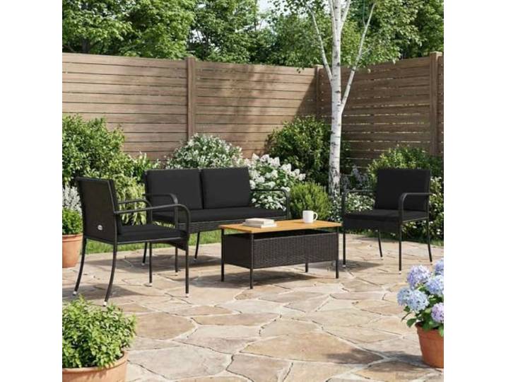 Garten Set Schwarz Poly-Rattan Wetterfest, Stahlrahmen, Akazien-Tischplatte, abnehmbare Kissen, für Terrasse Balkon