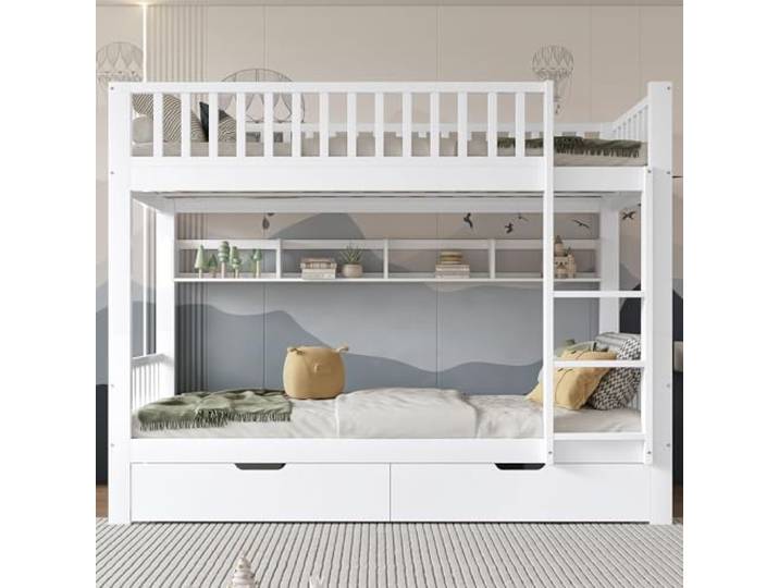 KUAKE Kinderbett Etagenbett 90x200 cm für 2 Kinder, Hochbett mit 2 Schubladen und Regale,Holzbett Bettgestell mit Rausfallschutz und Lattenrost,2 Einzelbett,Kiefernholzrahmen,Ohne Matratze,Weiß