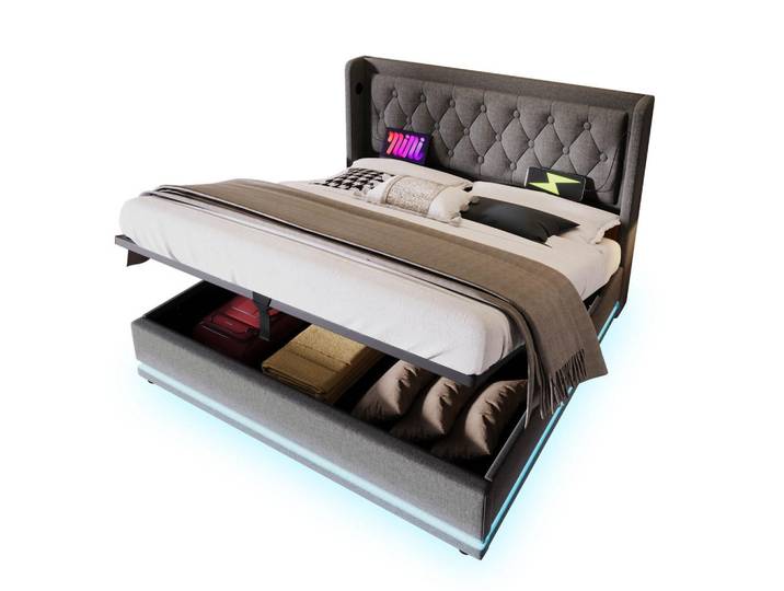 Stilvora Polsterbett 180/200 cm in Grau mit Bettkasten, LED und Usb, 180x200 cm, Schlafzimmer, Betten, Polsterbetten