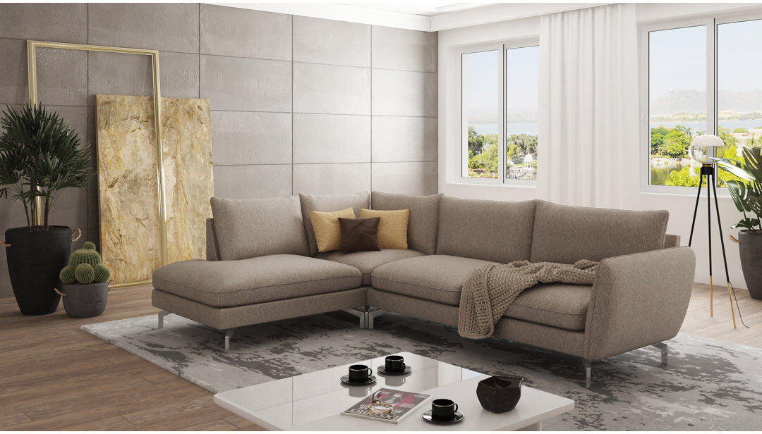S-Style Furniture Modern L-Shape Corner Sofa with Silver Metal Legs Dark Beige 87cm H X 277cm W X 200cm D