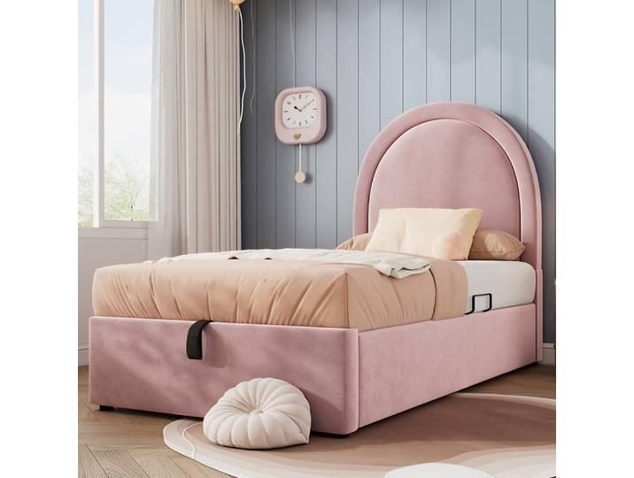 KOMHTOM Lit rembourré Lit enfant Lit simple 90x200 cm, rose, velours (sans matelas)