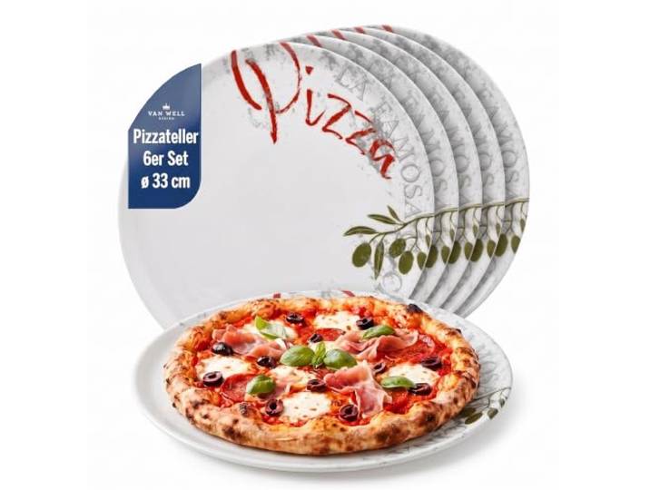 Van Well Pizzateller 6er-Set Ø 33 cm – Italienischer Pizzateller groß XL – Robuster Porzellan Teller für Pizza & Pasta – Mikrowellen- & Spülmaschinenfest – Alltag & Gastronomie – Weiß