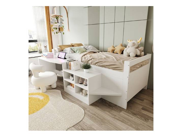 STILVORA Kinderbett 90x200 mit Schreibtisch,Holzbett Kinderbett mit Steckdosen&Staufächern (mit integriertem Schreibtisch, USB-Steckdosen & Staufächern, robustes Holzbett, 90×200 cm), ohne Matratze
