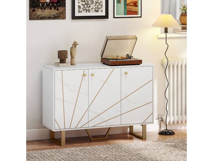 HOMCOM Buffet Salon 3 Portes Marbre Blanc Pieds Métal
