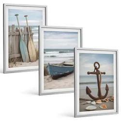 BILDER SET 3er Set - 40x60 cm Silberner Rahmen - Strandbootanker Sand