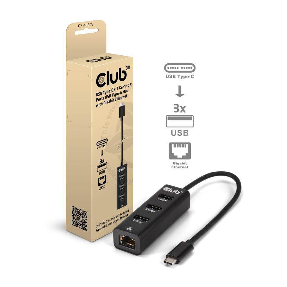 Club3D Club 3D USB Typ-C 3.2 Gen1 auf 3 Port USB Typ-A Hub mit Gigabit Ethernet CSV-1549