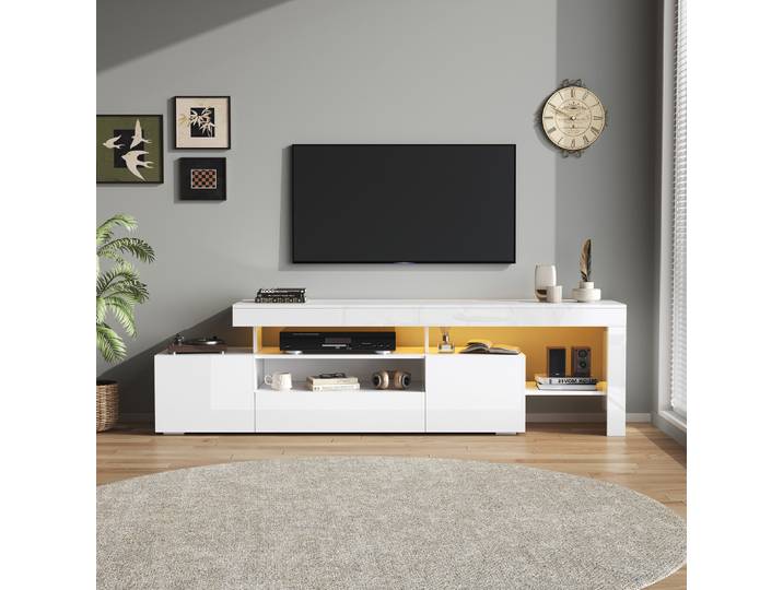 Meuble TV de salon moderne 192x37x53cm avec 3 armoires, support TV avec LED, panneau bas brillant, commode pour TV de 85 pouces