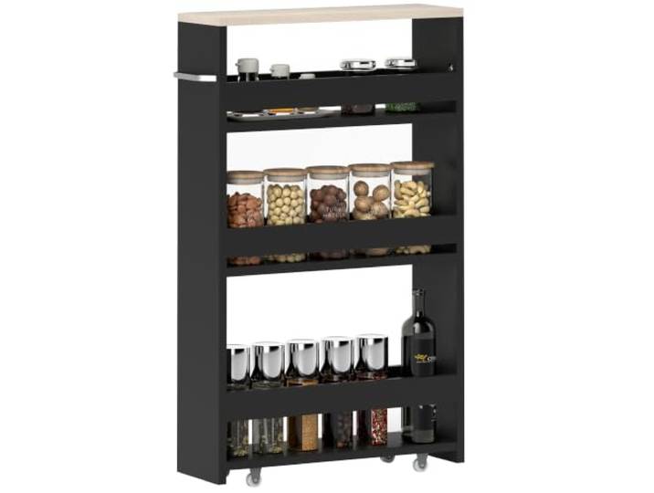 kleankin Chariot de Rangement à 3 Niveaux avec Poignée 48x15x80 cm Noir Chariot de Stockage\, Étagère sur Roulettes\, pour Cuisine Étroite\, Salle de Bain\, Buanderie\, Bureau