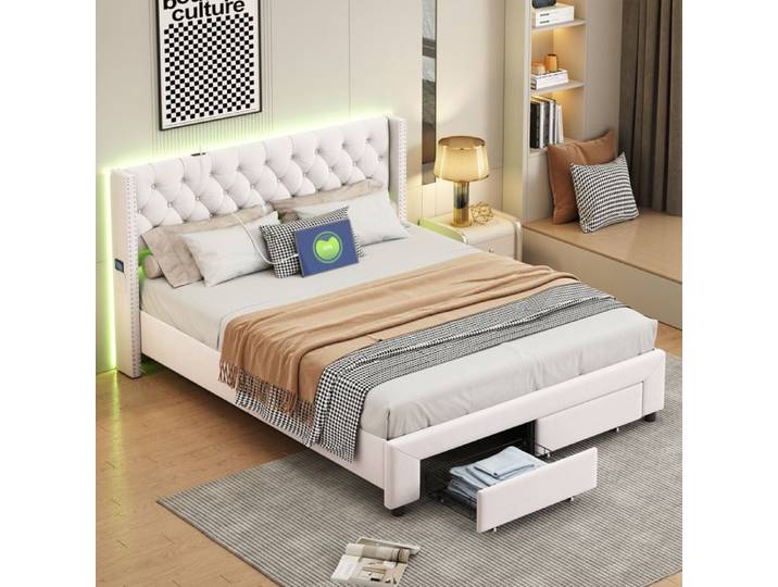 Lit Double 180x200cm avec 2 Tiroirs - Lit Capitonné avec USB -Éclairage LED- Décoration Divets - Velours - Beige