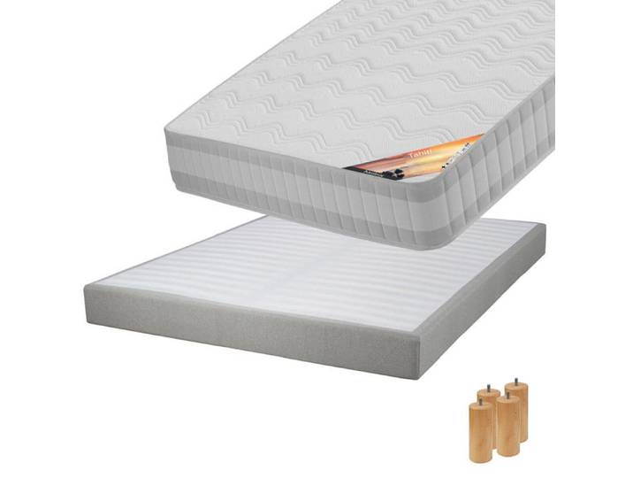 Tahiti - Pack Matelas 140x190 + Sommier Tapissier Démontable 2x20 Lattes Lin + Pieds Bois 15cm