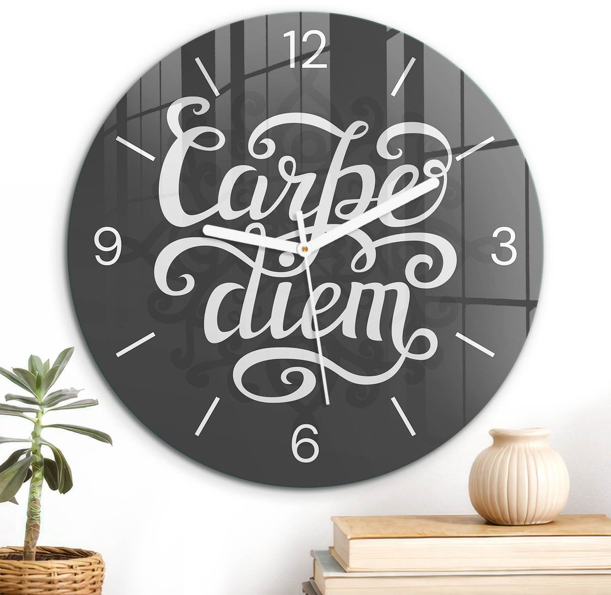 ArtPrintCave Zwarte Glazen Wandklok Carpe Diem - Rond - Diameter: 30 cm