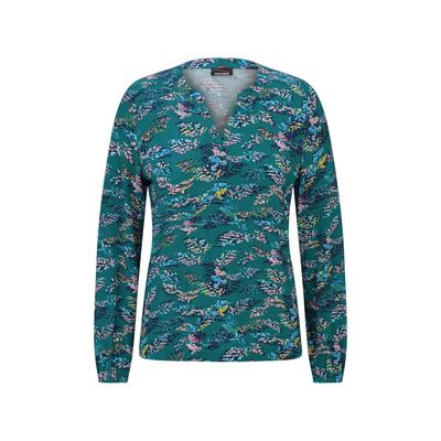 Schlupfbluse GOLDNER "Kurzgröße Jerseybluse mit Rundhals, V-Ausschnitt", Damen, Gr. 24, petrol, gemustert, Blusen Schlupfbluse, stretchbequemer Jersey