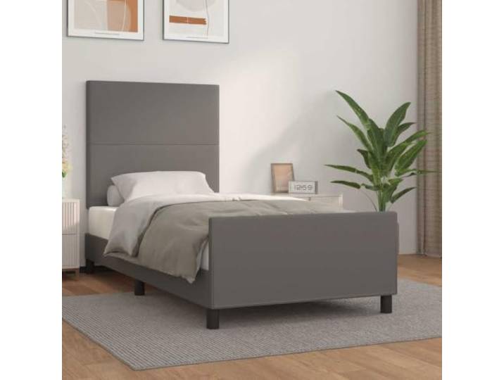 KGHFDVB Bettgestell mit Kopfteil Grau 90x190 cm Kunstleder Massivholz Kunstleder-Bezug, höhenverstellbares Kopfteil, für Schlafzimmer, Matratzengröße 90 x 190 cm, Lattenrost aus Sperrholz