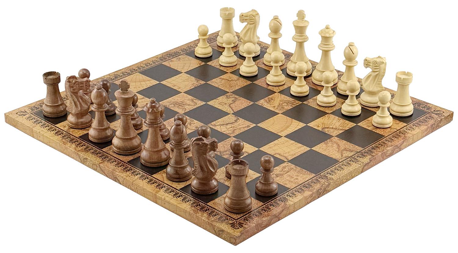 Exklusives Italfama Schachset - Gewichtete Akazienholz-Figuren 10,2 cm & Schachbrett "Antike Karte" 45x45 cm