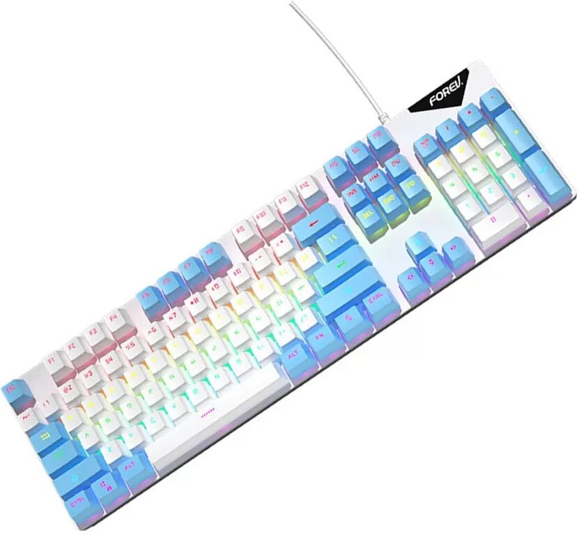 INF Mechanische Tastatur mit Kabel, Regenbogen-Hintergrundbeleuchtung, blauer Schalter, Hot-Swap-fähig, 104 Tasten Weiß + Blau