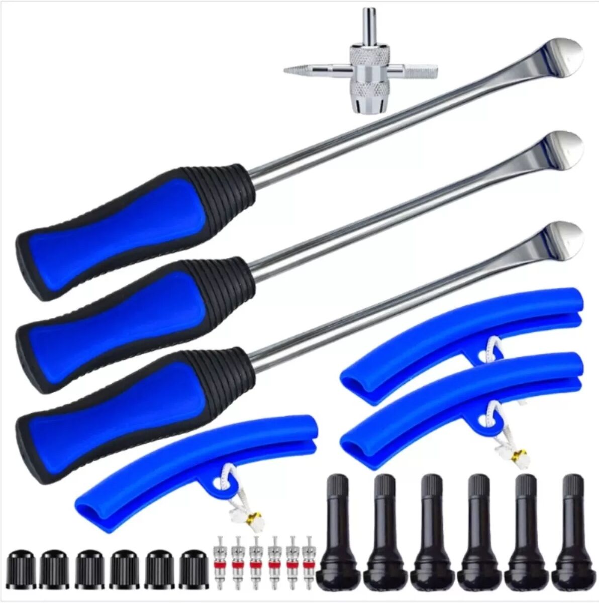 INF Kit de leviers de pneu bleus 28 cm : Ensemble d'outils de réparation de pneus de moto 25 pièces avec leviers, manchons,