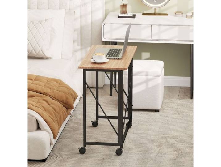 bureau pliant sur roulettes gain de place bureau ordinateur chene 80 cm pour home office structure metal ORVRYN
