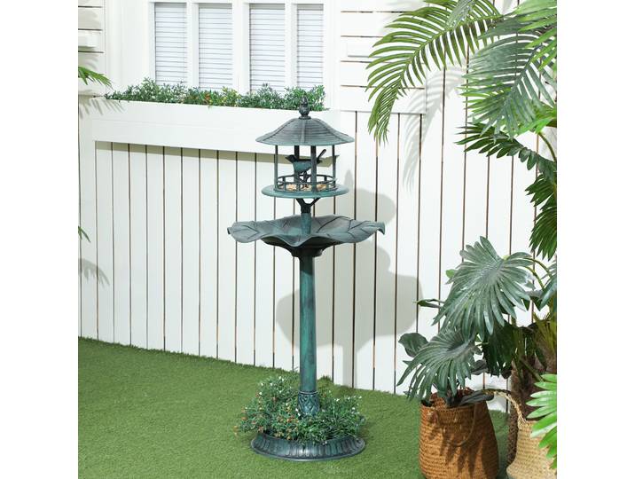 Outsunny Bain d'Oiseaux 3-en-1 Ø50cm Jardinière Vert-de-Gris