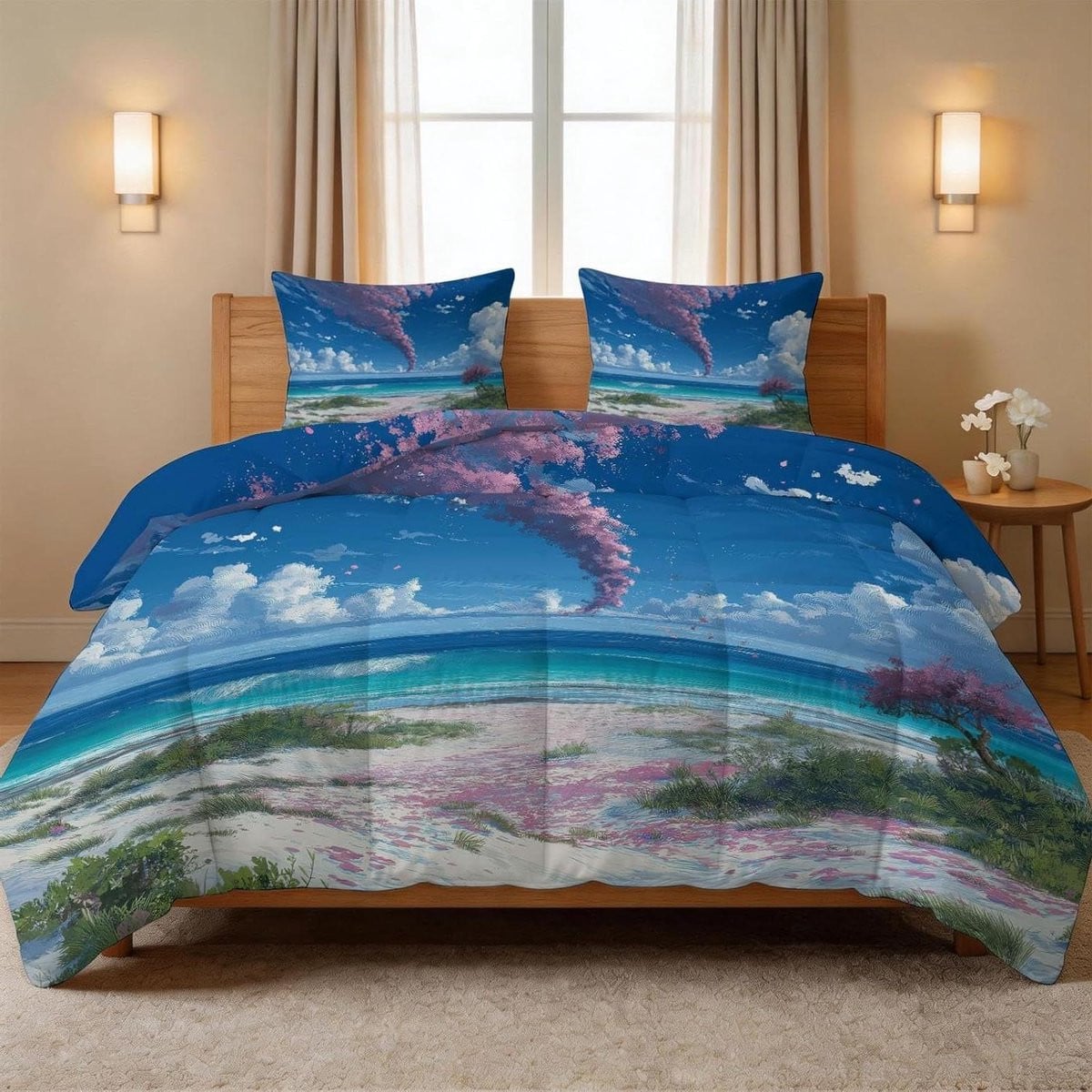Blauwe dekbedset met kussenslopen en omkeerbaar 3D-patroon, 135 x 200 cm, microfibre