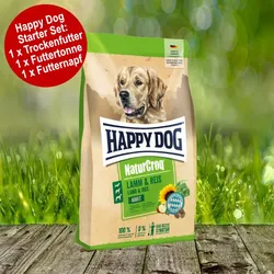 Happy Dog Premium NaturCroq Lamm und Reis Starter-Set inkl. Futtertonne und Futternapf