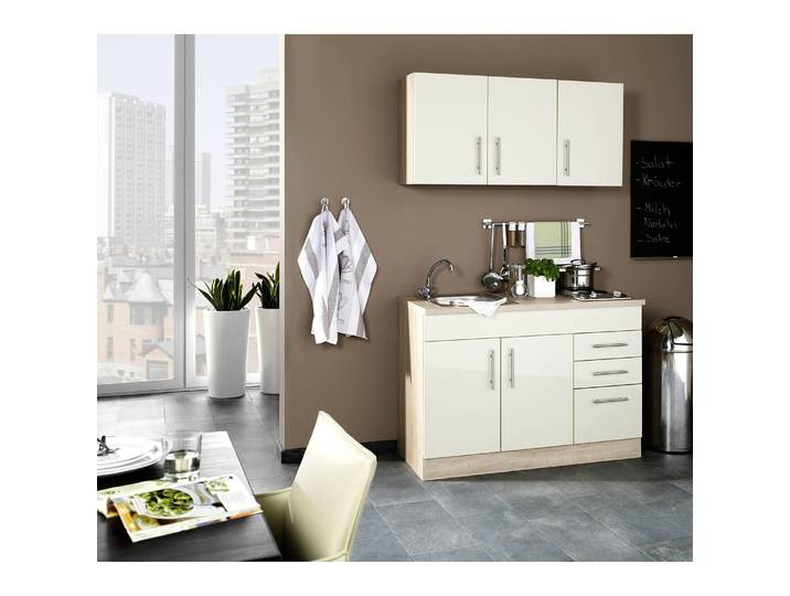 Single-Küchenzeile 120cm Beige/Hochglanz Crema Kochplatte