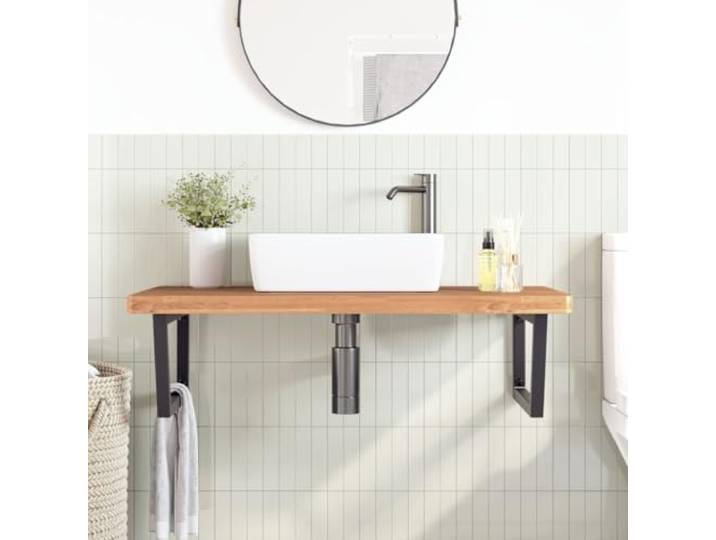 SKTQYQO Wandablage für Waschbecken, 100 x 60 cm, Stahl, Schwarz Massivholz Buche Trapezform 100 kg Ständer inkl. 2 Halterungen