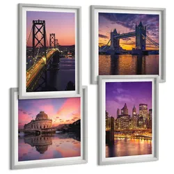 BILDER SET 4er Set - 50x50 cm & 40x60 cm Silberner Rahmen - Brücken, Sonne, Stadtblick
