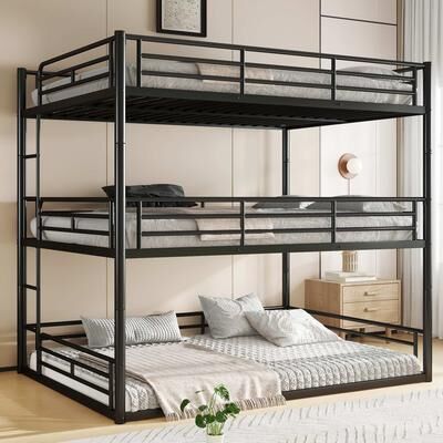 GREATPLANINC Heavy Duty Metal Triple Bunk Bed with Safety Guardrails Ladders