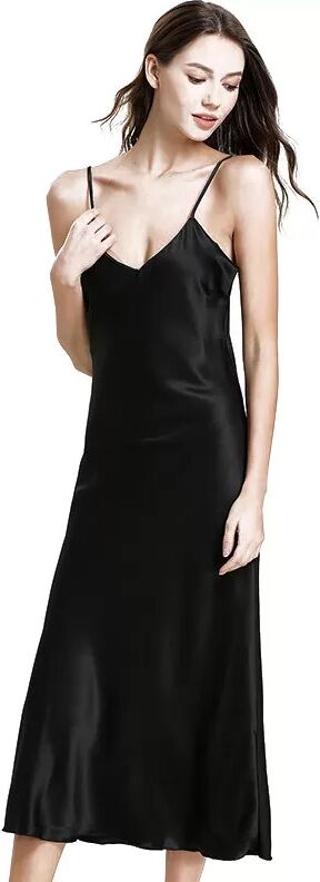 INF 5020B Satin Nachthemd Elegantes V-Ausschnitt Chemise Nachtwäsche M Schwarz