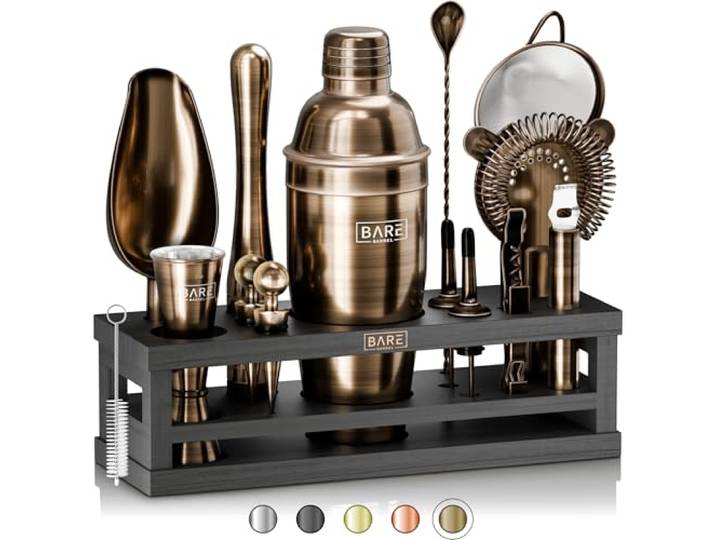 BARE BARREL® Mixology Barkeeper-Set Bar-Set 16-teiliges Cocktail-Shaker-Set Martini-Barzubehör Mixwerkzeuge für zu Hause inkl. 35 Rezeptkarten Geschenkset (680.4 g Cobbler Shaker,